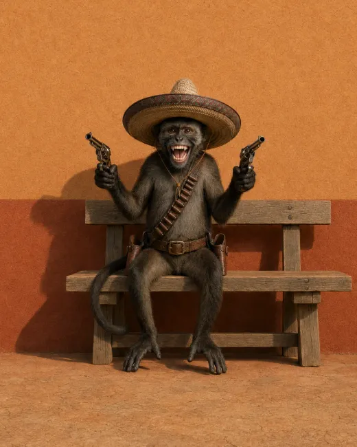 Affe mit Sombrero auf einer Bank in der Wüste