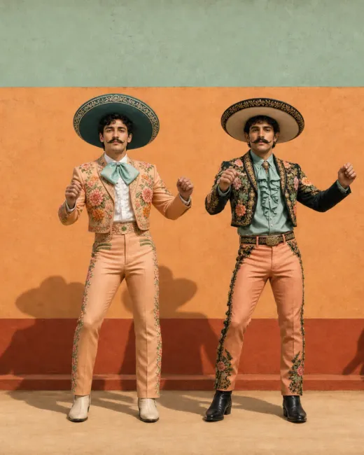 Zwei Männer in floralen Anzügen und Sombreros