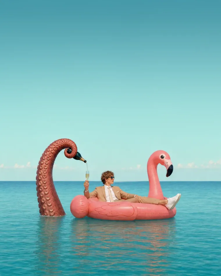 Mann sitzt in einem Flamingo-Schwimmring neben einem Tentakel im Meer