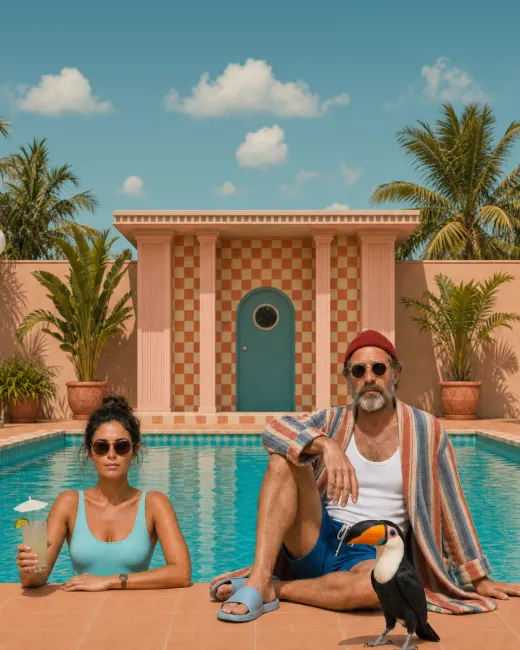 Frau und Mann am Rand eines tropischen Pools
